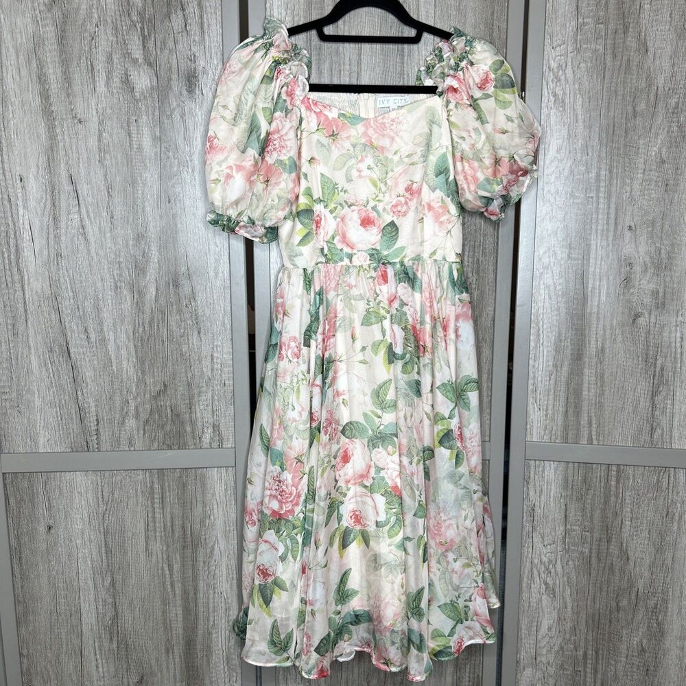 Ivy City Co Dress Size XS Knee Length Puff Sleeve Roses Romantic Chiffon